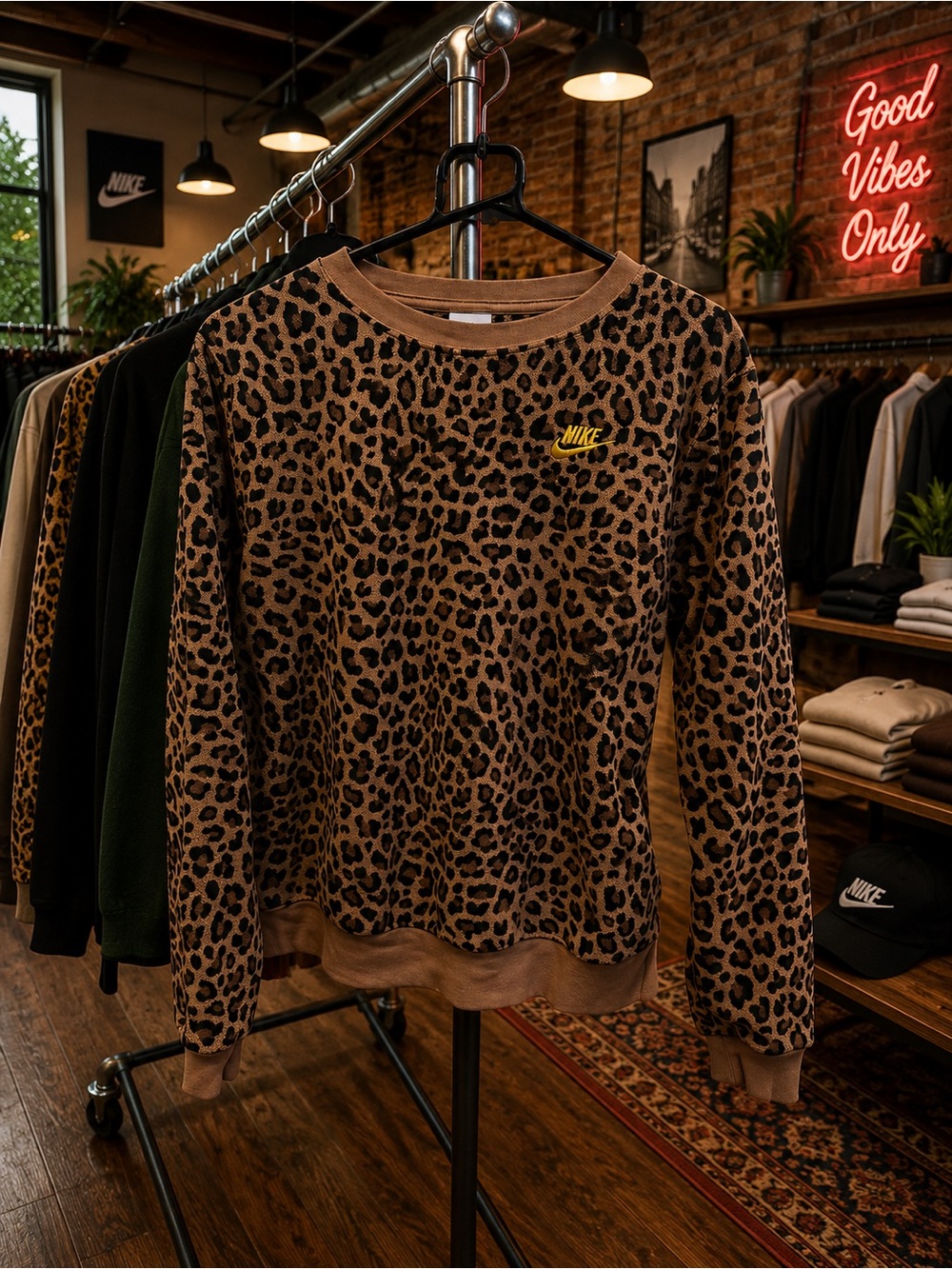 Nike Brown & Black Leopard Print Crewneck Sweatshirt with Yellow Logo